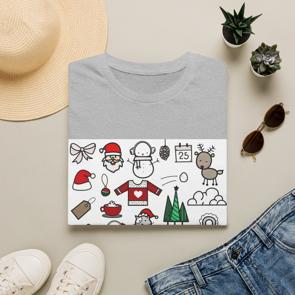 Christmas Icons T-Shirt — Cute Holiday Graphic Tee with Santa, Snowman & Reindeer