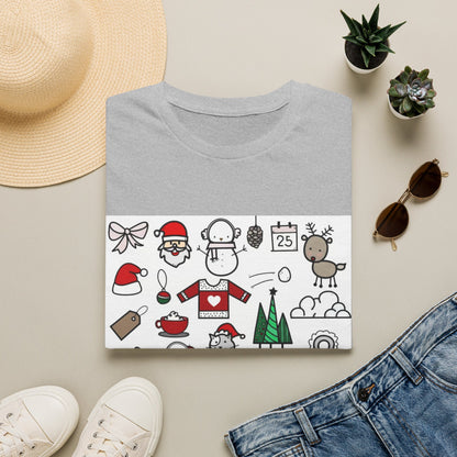 Christmas Icons T-Shirt — Cute Holiday Graphic Tee with Santa, Snowman & Reindeer