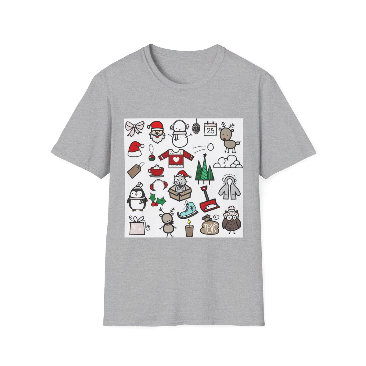 Christmas Icons T-Shirt — Cute Holiday Graphic Tee with Santa, Snowman & Reindeer