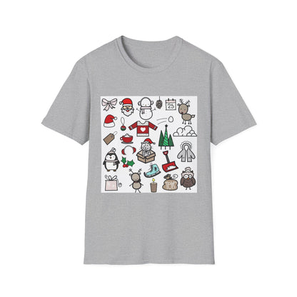 Christmas Icons T-Shirt — Cute Holiday Graphic Tee with Santa, Snowman & Reindeer