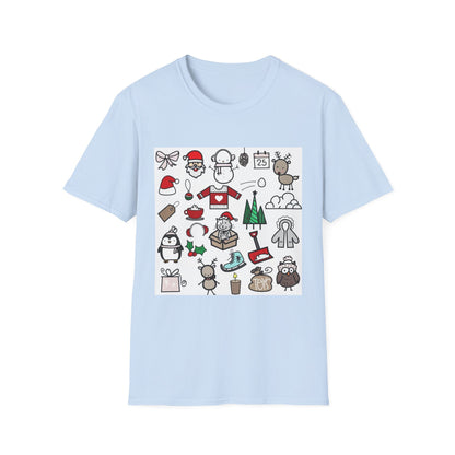 Christmas Icons T-Shirt — Cute Holiday Graphic Tee with Santa, Snowman & Reindeer