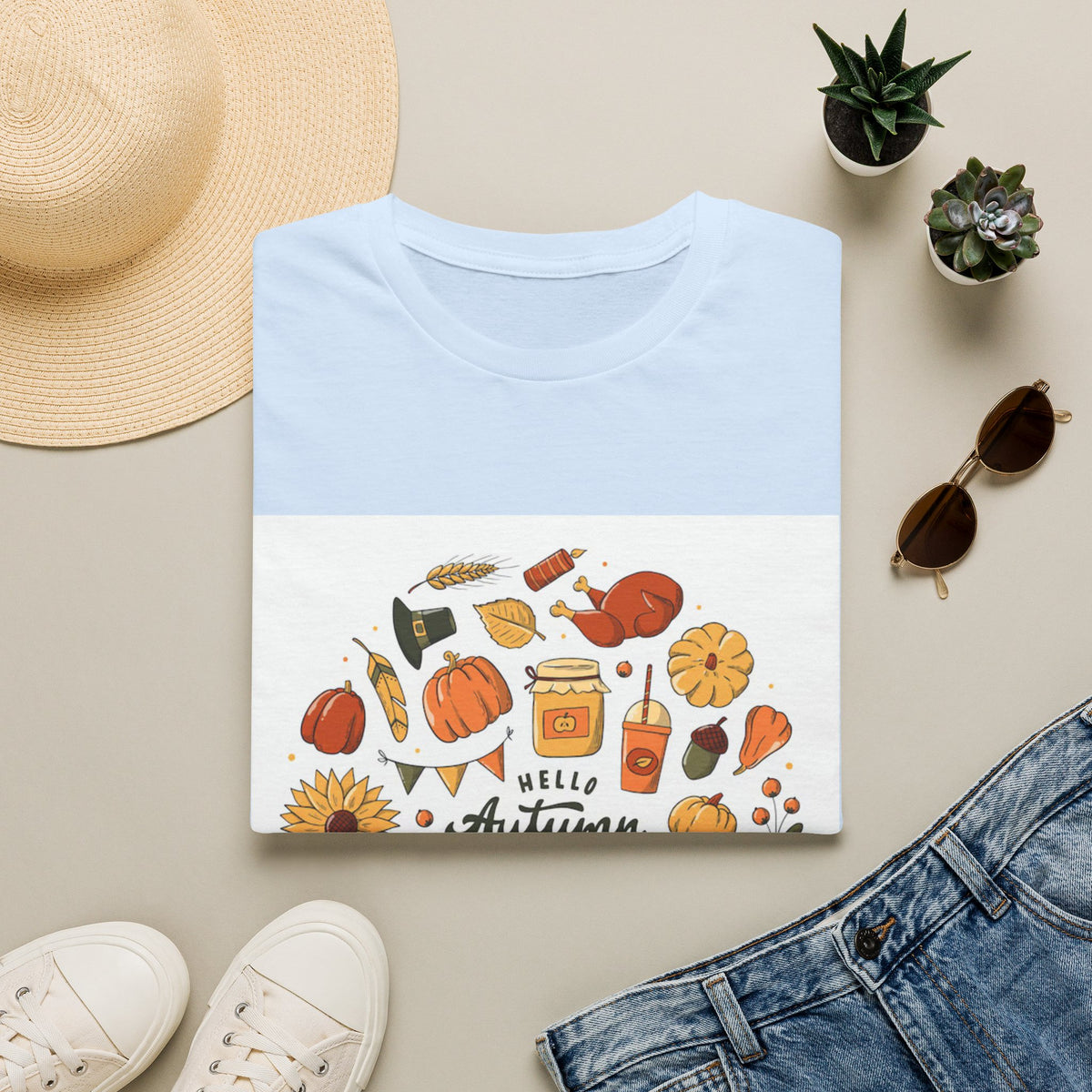 Hello Autumn T-Shirt — Cozy Fall Pumpkin & Sunflower Graphic Tee
