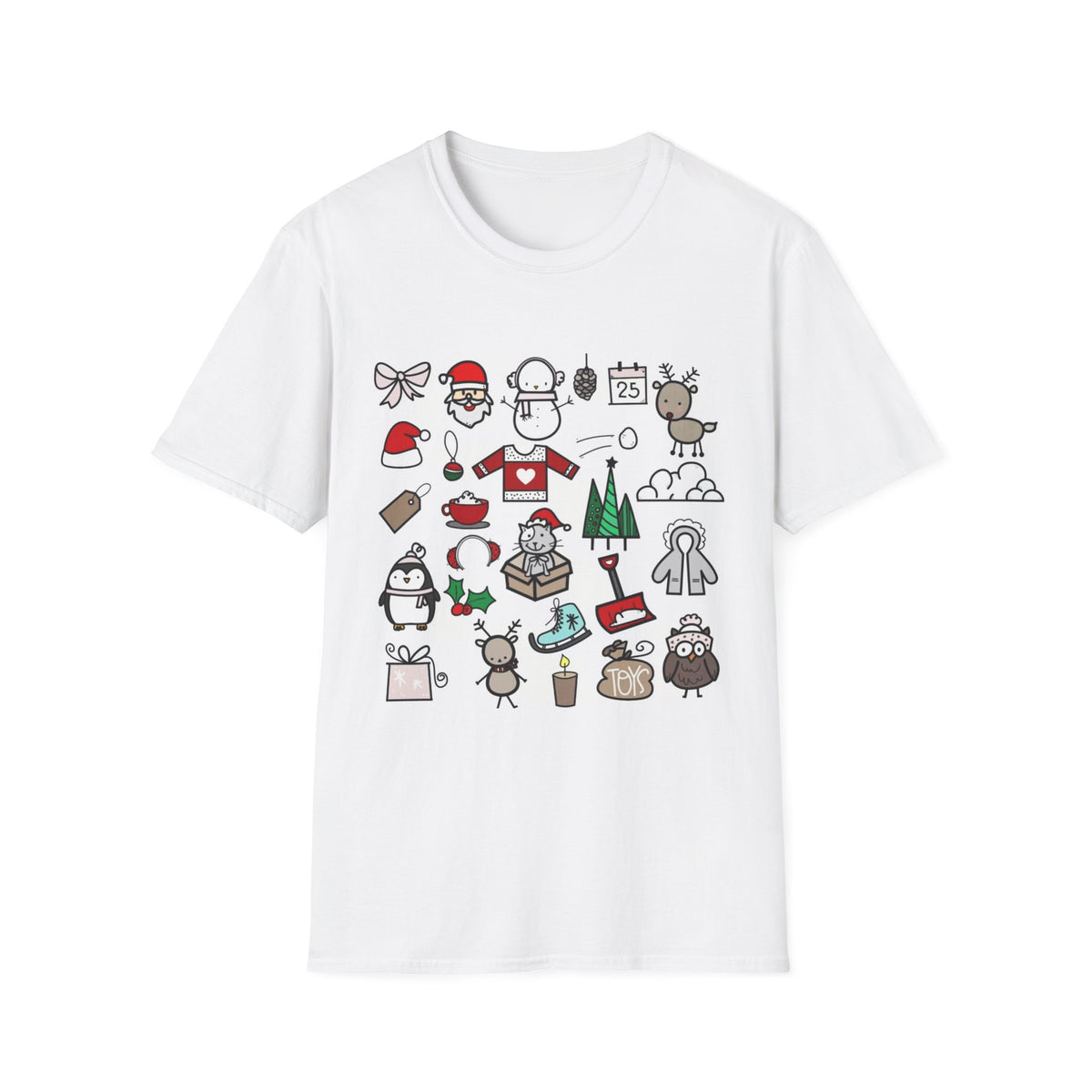 Christmas Icons T-Shirt — Cute Holiday Graphic Tee with Santa, Snowman & Reindeer