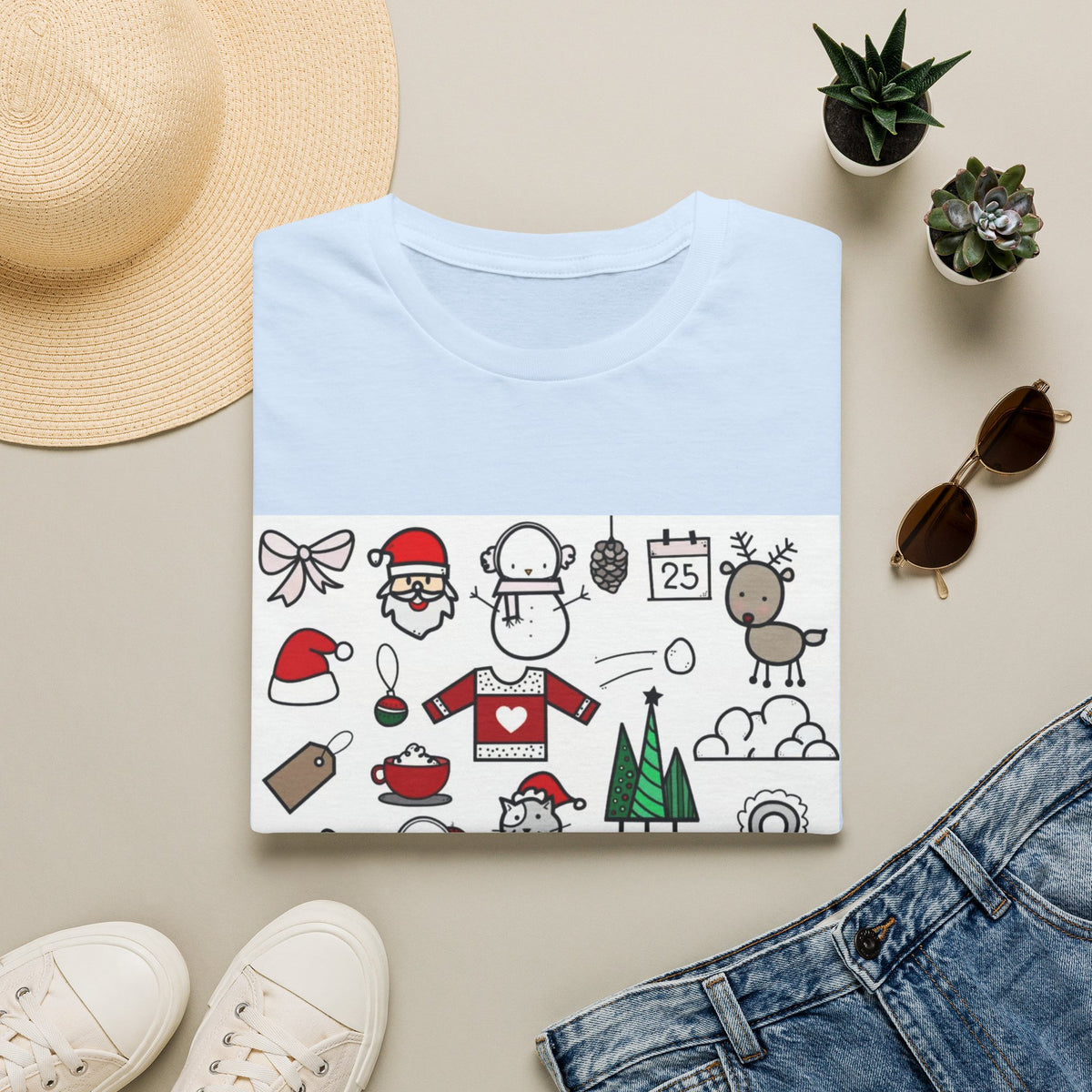 Christmas Icons T-Shirt — Cute Holiday Graphic Tee with Santa, Snowman & Reindeer
