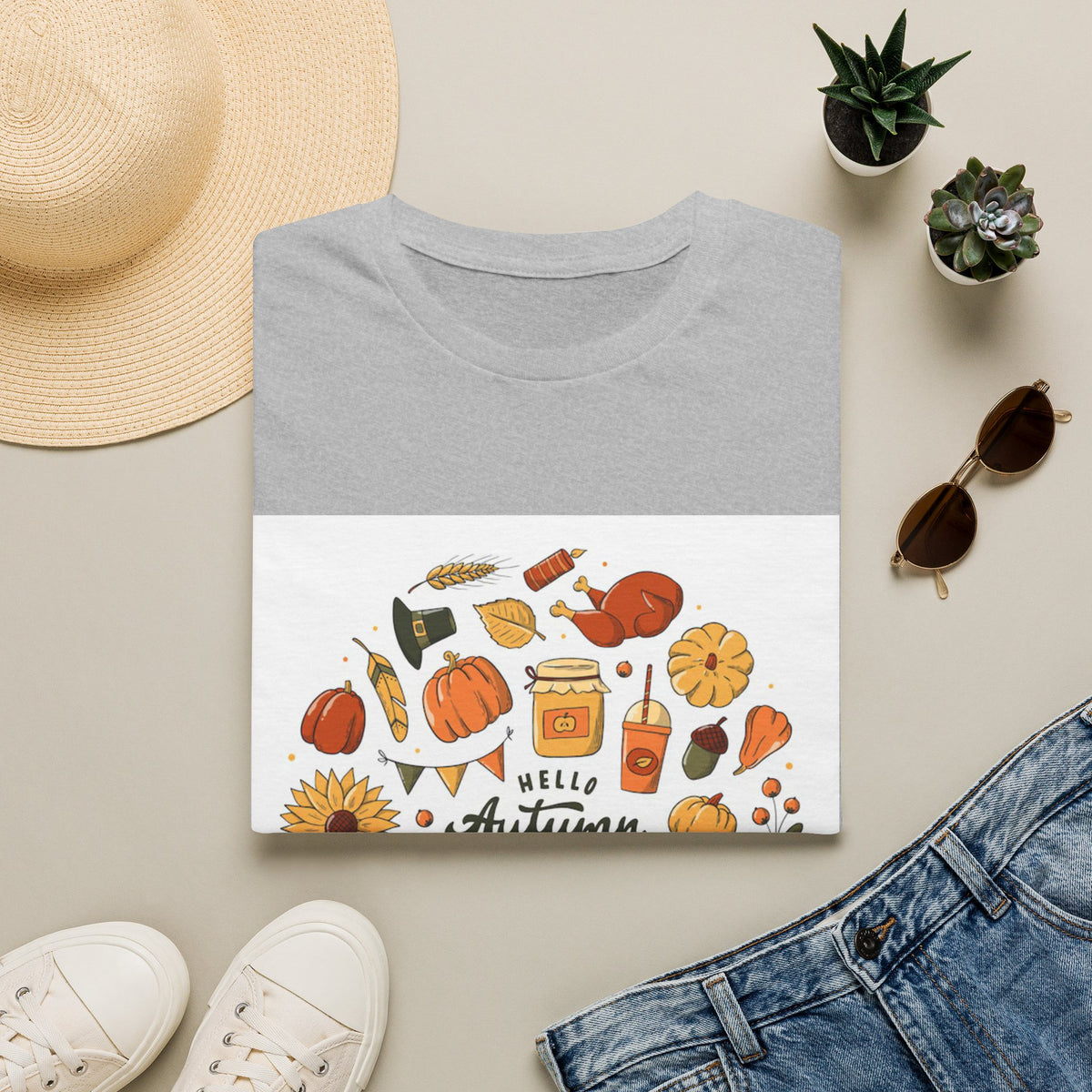 Hello Autumn T-Shirt — Cozy Fall Pumpkin & Sunflower Graphic Tee