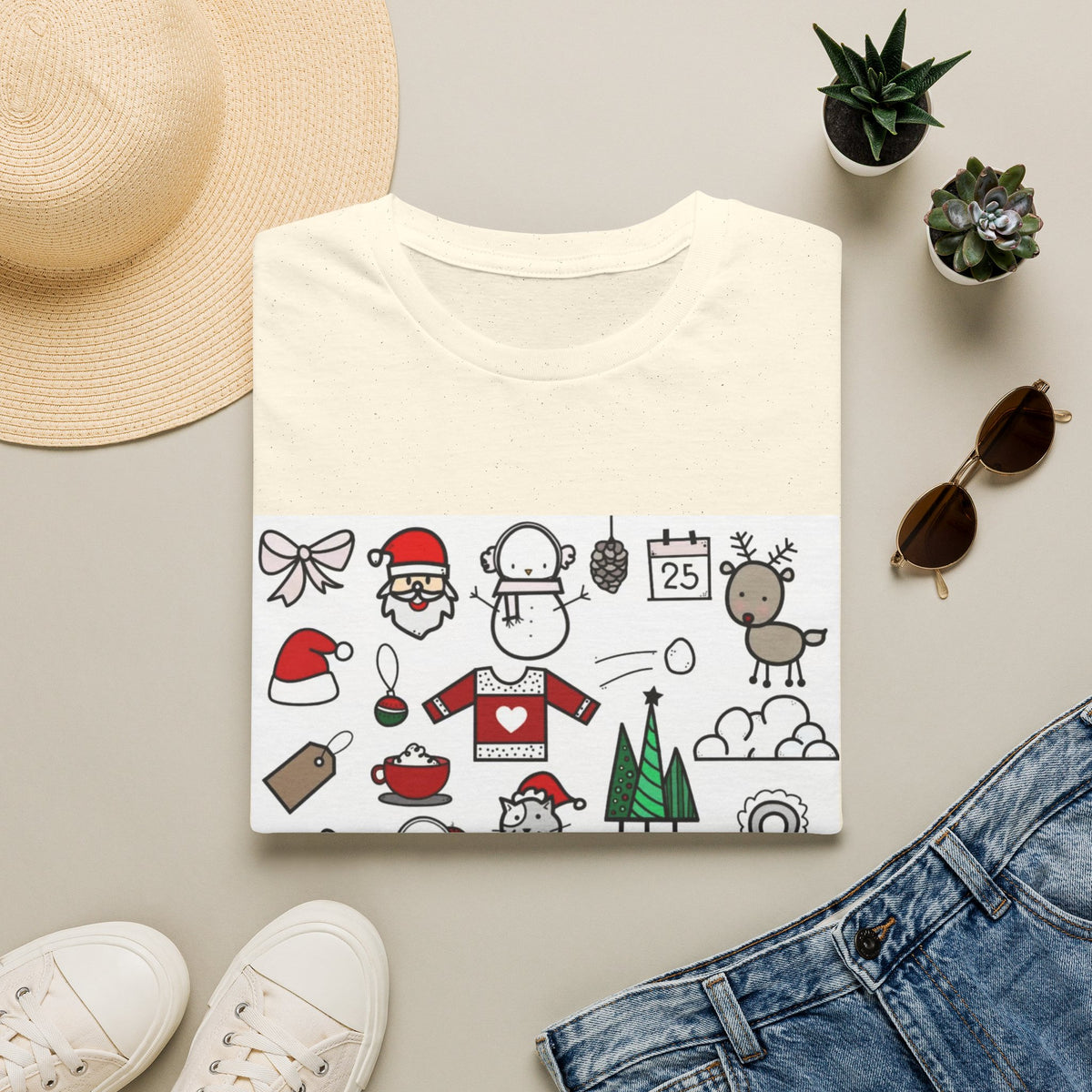 Christmas Icons T-Shirt — Cute Holiday Graphic Tee with Santa, Snowman & Reindeer