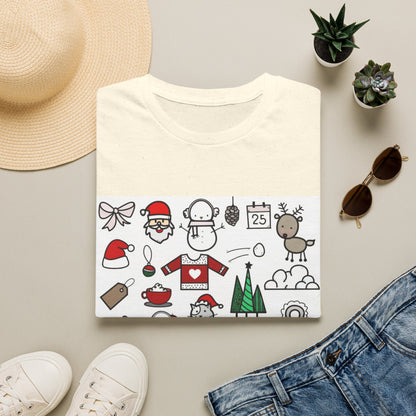 Christmas Icons T-Shirt — Cute Holiday Graphic Tee with Santa, Snowman & Reindeer