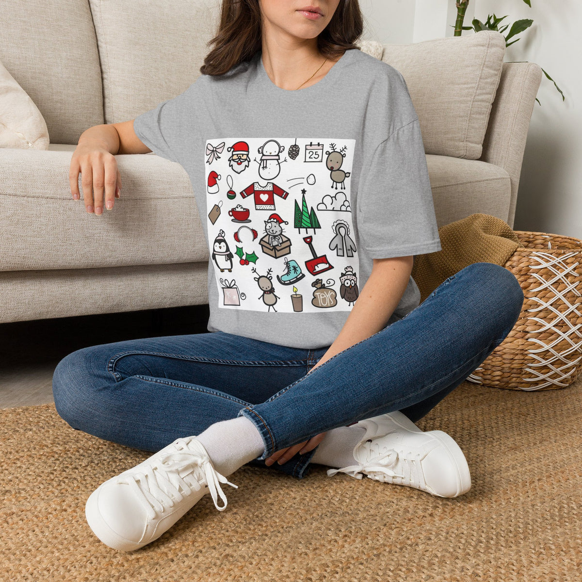 Christmas Icons T-Shirt — Cute Holiday Graphic Tee with Santa, Snowman & Reindeer