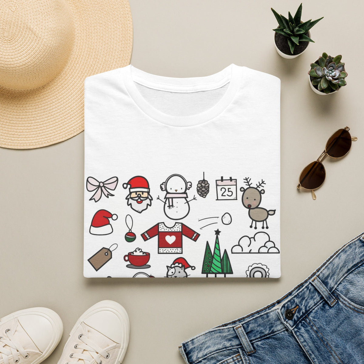 Christmas Icons T-Shirt — Cute Holiday Graphic Tee with Santa, Snowman & Reindeer