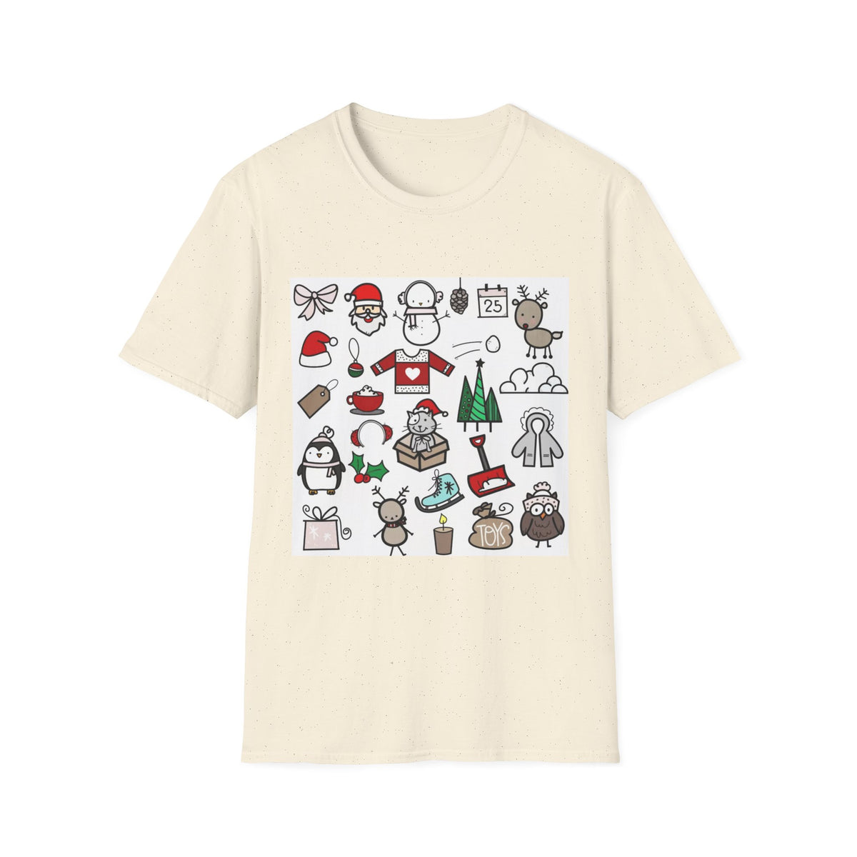 Christmas Icons T-Shirt — Cute Holiday Graphic Tee with Santa, Snowman & Reindeer