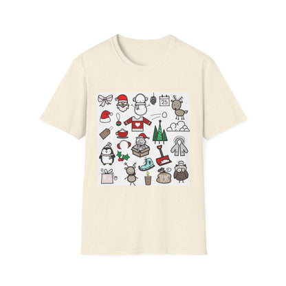 Christmas Icons T-Shirt — Cute Holiday Graphic Tee with Santa, Snowman & Reindeer