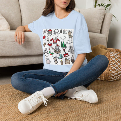 Christmas Icons T-Shirt — Cute Holiday Graphic Tee with Santa, Snowman & Reindeer