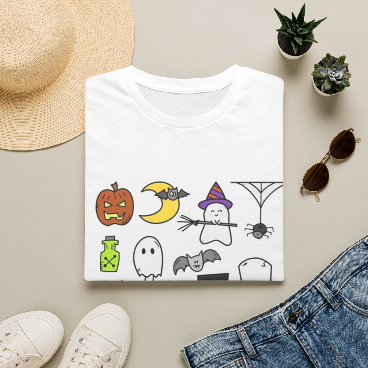 Halloween Icons T-Shirt — Cute Graphic Tee with Ghosts, Pumpkins & Ghouls